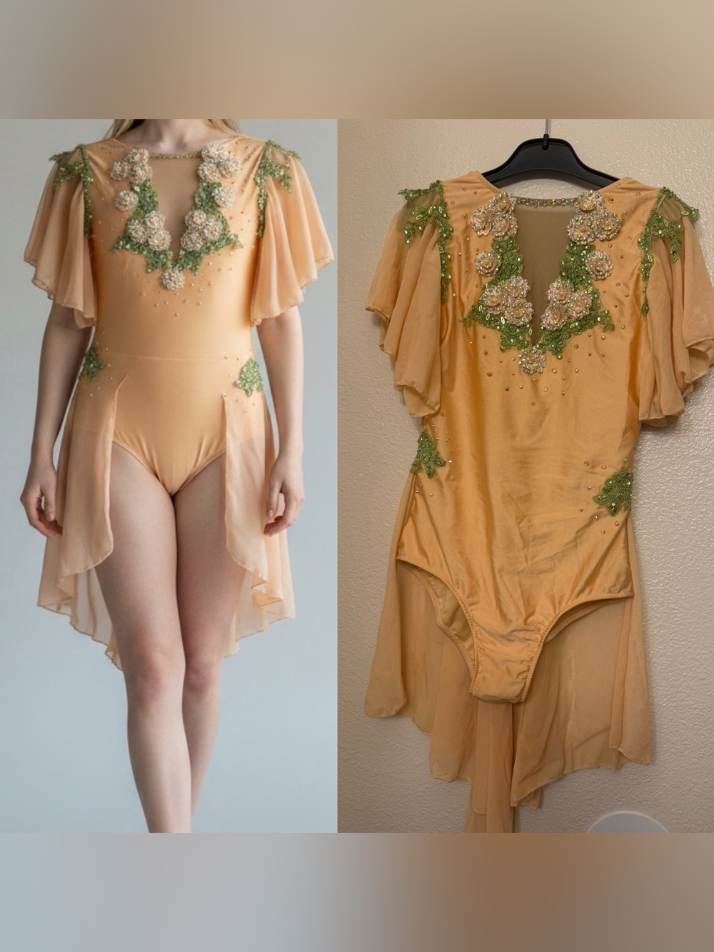 Glamour solo custom rhinestone dance costume tan nude illusion MA-Medium adult